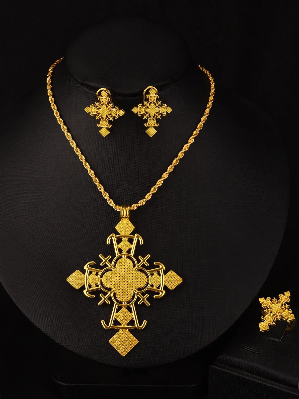 NEW Golden Color Ethiopian Cross Jewelry Set Necklace Earrings Ring 3-Piece Set African Eritrean Holiday Wedding Engagement Gift