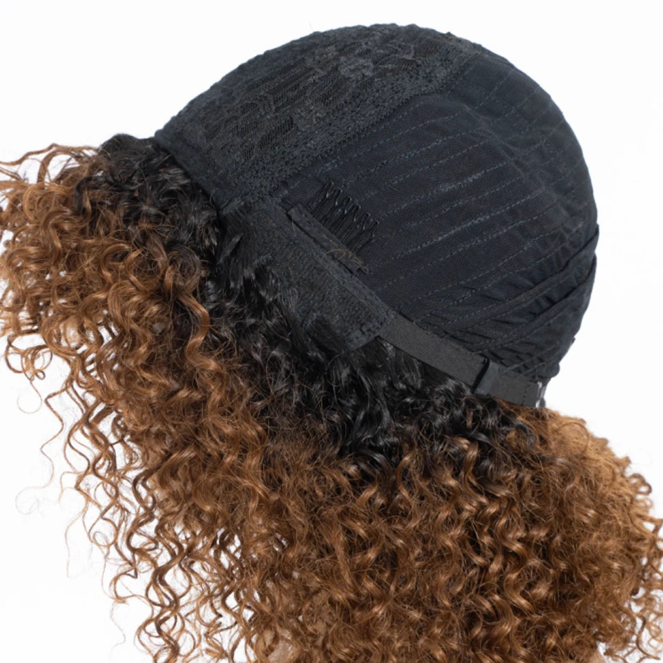 Natural Brown Color Afro Kinky Curly Human Hair Wigs with Bangs Wear & Go Glueless Wig Remy Brazilian Short Curly Human Hair Wig