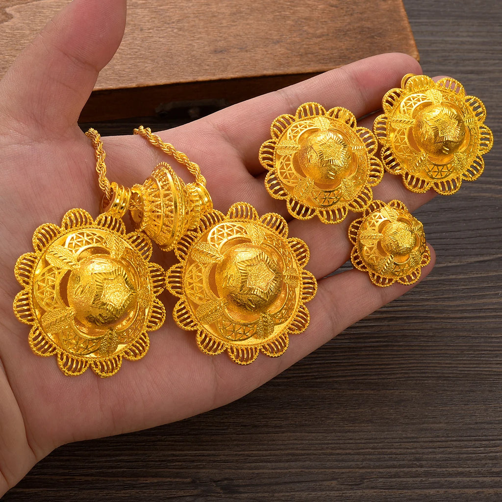Traditional Eritrean Golden Color Jewelry Set Hollow-out Flower Star Double Pendant 3-Piece Set Ethiopian Wedding Jewelry Gift