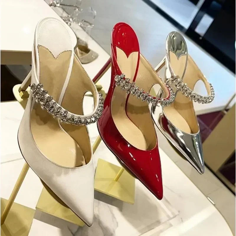 2026 New Fashionable Fine Heeled Muller Shoes with Pointed Water Diamond Chain Banquet Shallow Mouth Women's High Heel Sandals