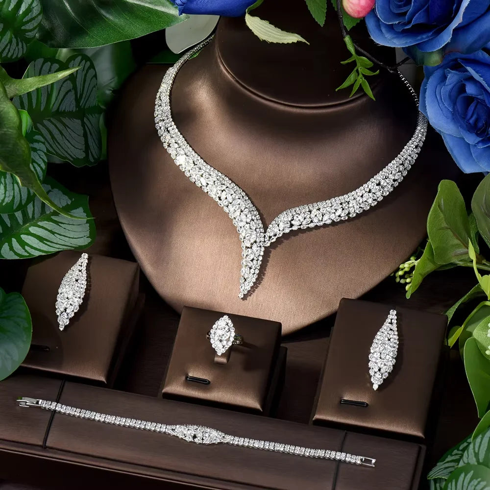 Costume Show Jewellery Geometric Set Cubic Zirconia Deluxe Large Necklace and Earrings Bridal Wedding Dating Accessories S-350