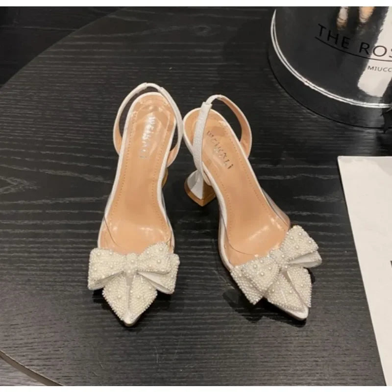 Fashion Design White Pearl Bowknot Women Pumps Sexy Pointed Toe High Heels Wedding Prom Shoe PVC Transparent Sandal Female