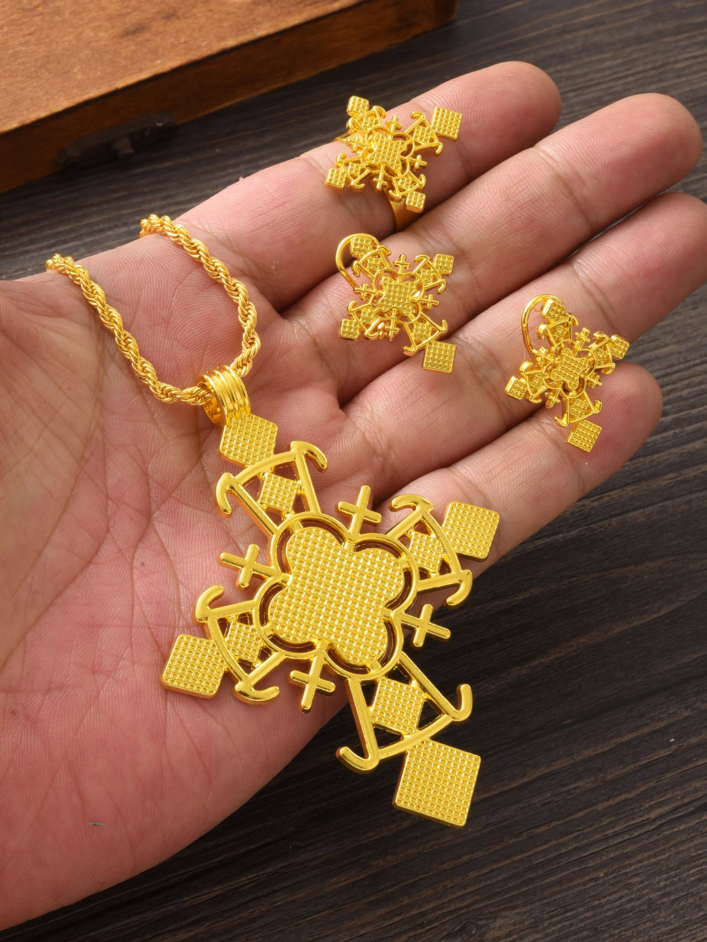 NEW Golden Color Ethiopian Cross Jewelry Set Necklace Earrings Ring 3-Piece Set African Eritrean Holiday Wedding Engagement Gift