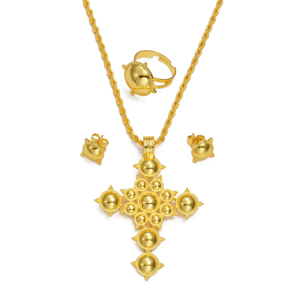 Anniyo Ethiopian Cross Necklace Earrings Rings African Party Jewelry Set Women  Eritrean Habesha Accessories @345906A