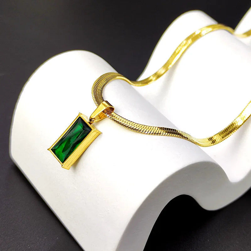 Stainless Steel Square Green Crystal Zircon Necklace Earrings For Women Girl New Fashion Non-fading Jewelry Set