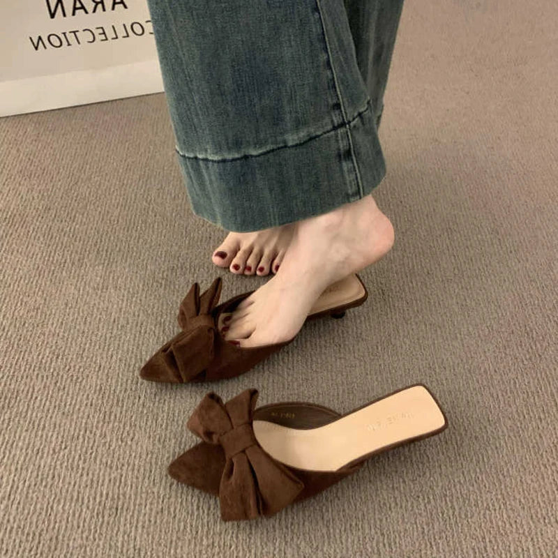Women's Summer Butterfly-knot Low Heel Slippers Elegant Open Toe Party Dress Shoes Fashion Outdoor Ladies Slides