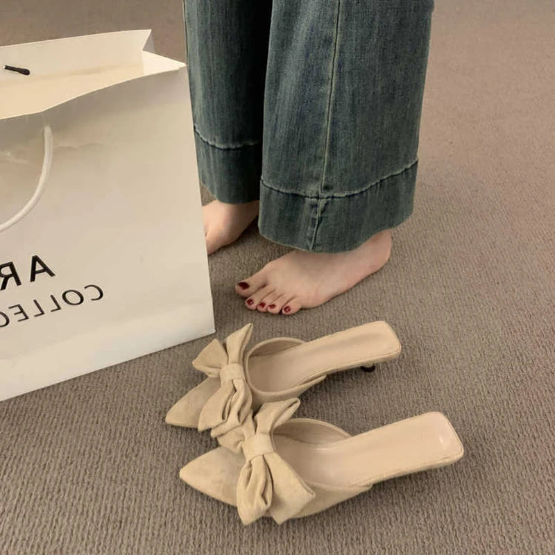 Women's Summer Butterfly-knot Low Heel Slippers Elegant Open Toe Party Dress Shoes Fashion Outdoor Ladies Slides