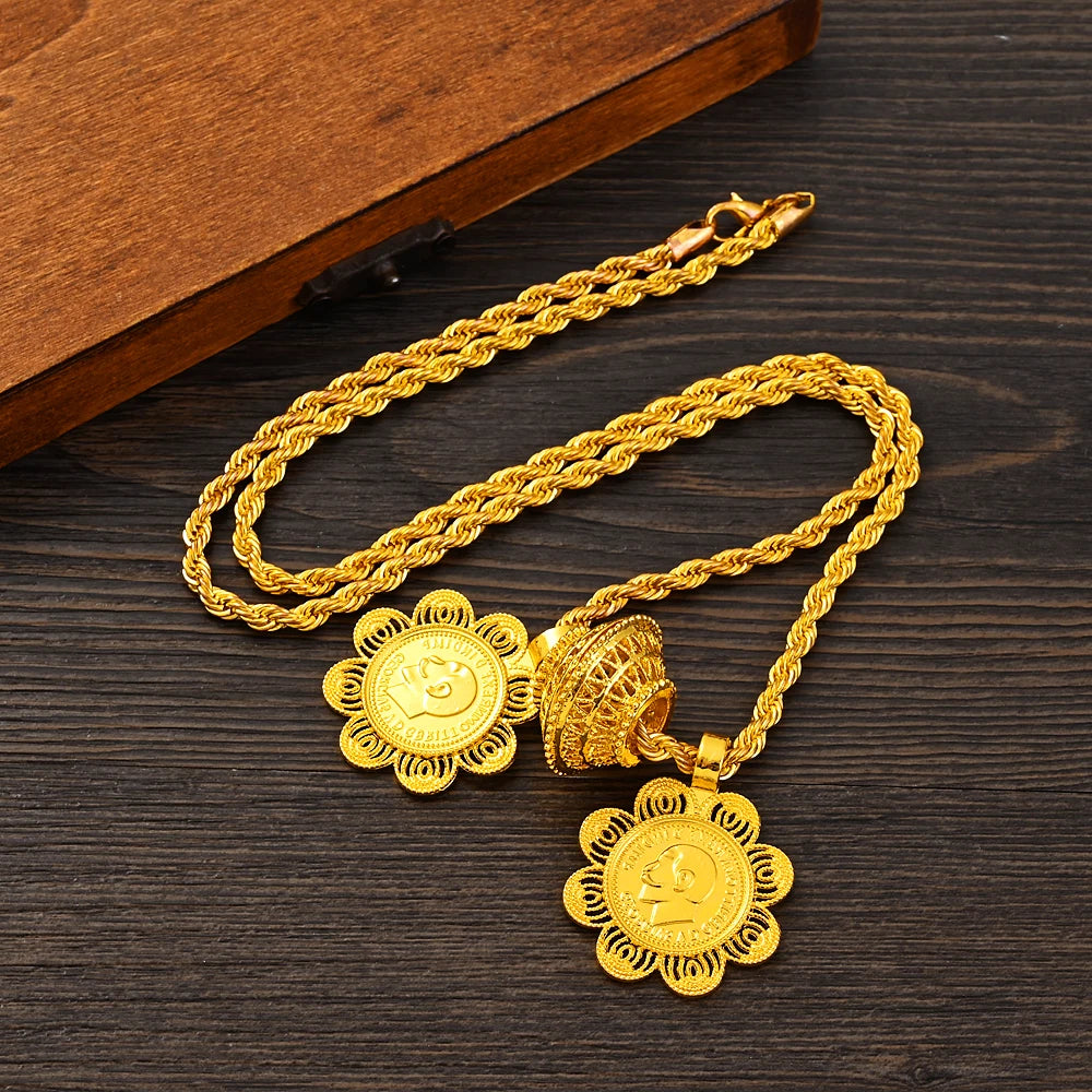 Ethiopian Luxury Jewelry Sets Gold plated Earrings Ring Pendant for Women Eritrean African Bride Wedding
