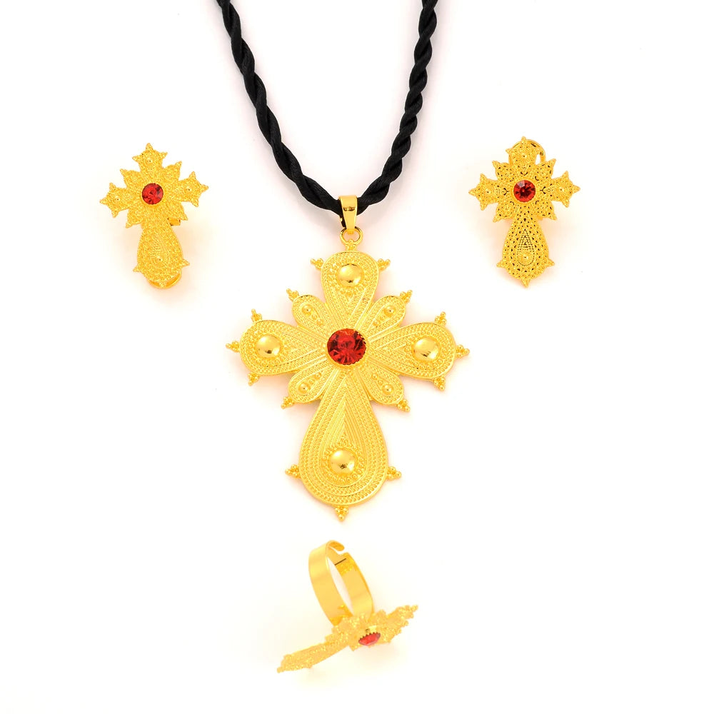 Ethiopian Gold Color Cross Necklace Earring Ring African Bridal Jewellery Set Habesha Party Jewelry