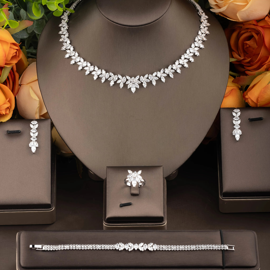 Costume Show Jewellery Geometric Set Cubic Zirconia Deluxe Large Necklace and Earrings Bridal Wedding Dating Accessories S-350