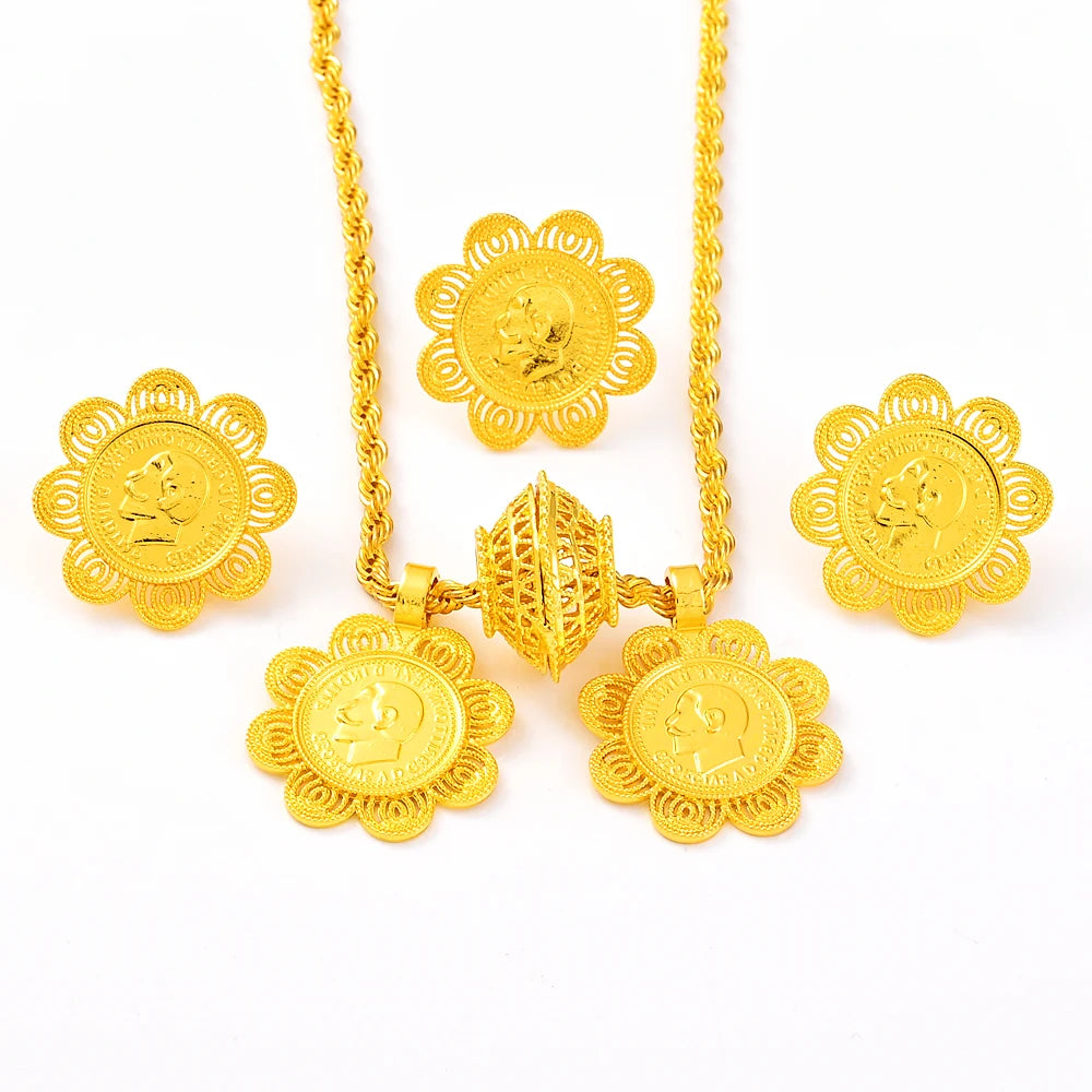 Ethiopian Luxury Jewelry Sets Gold plated Earrings Ring Pendant for Women Eritrean African Bride Wedding