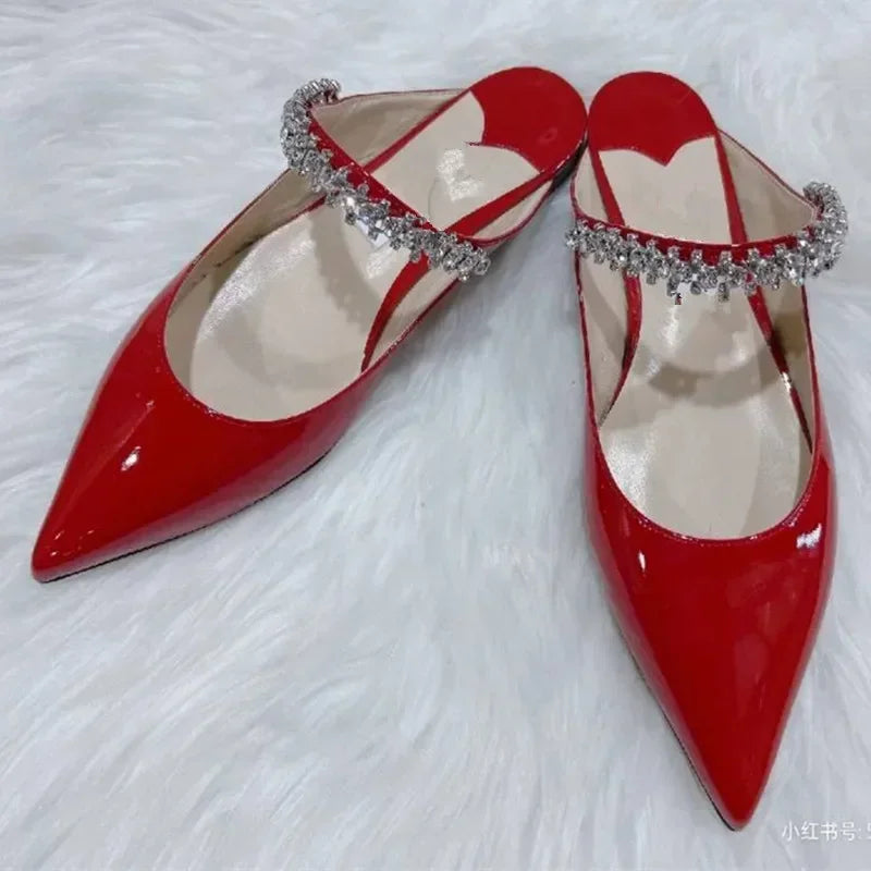 2026 New Fashionable Fine Heeled Muller Shoes with Pointed Water Diamond Chain Banquet Shallow Mouth Women's High Heel Sandals