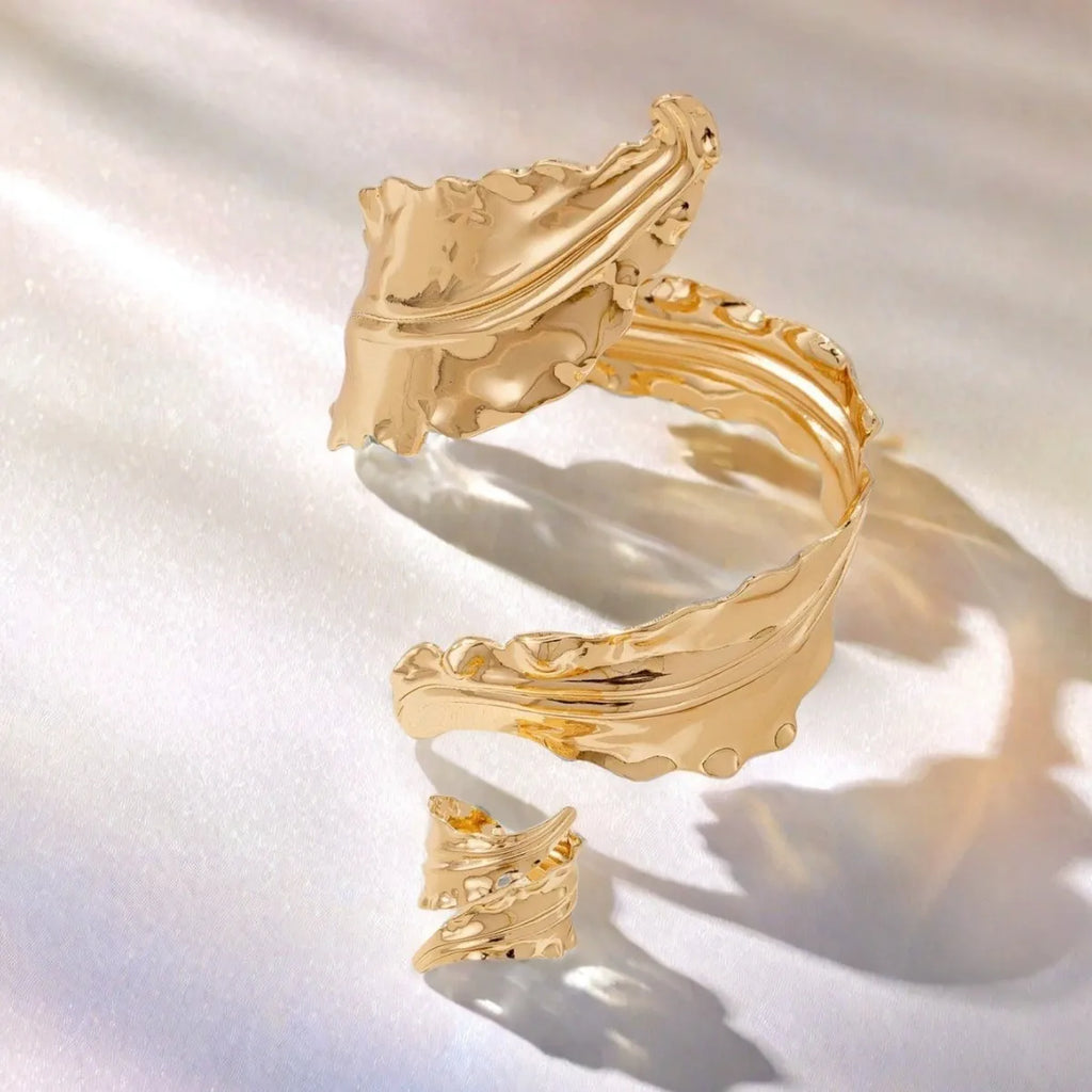 Vintage Fashion Gold Folded Leaf Bracelet Spiral Opening Adjustable Ring Set Women