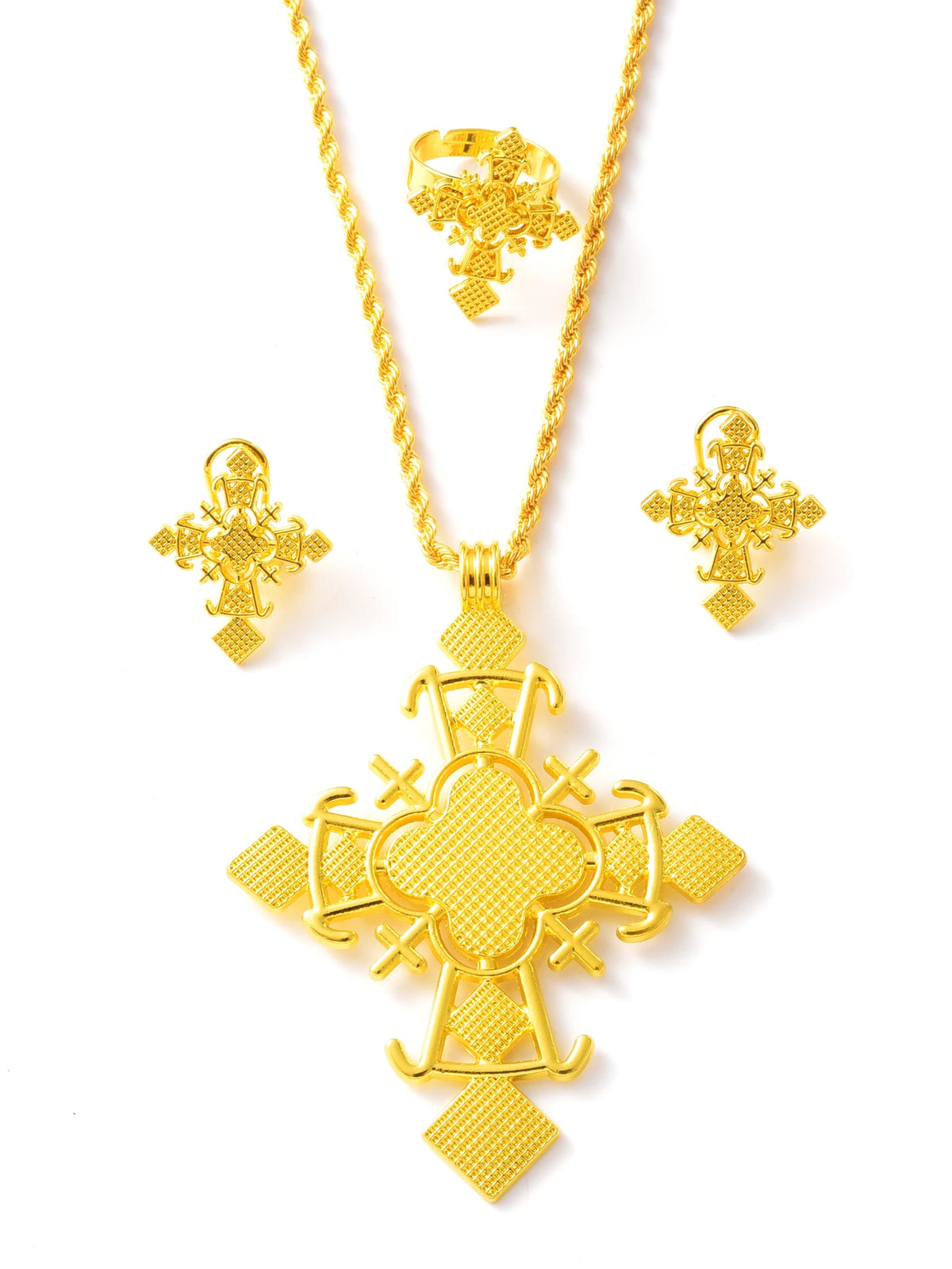 NEW Golden Color Ethiopian Cross Jewelry Set Necklace Earrings Ring 3-Piece Set African Eritrean Holiday Wedding Engagement Gift