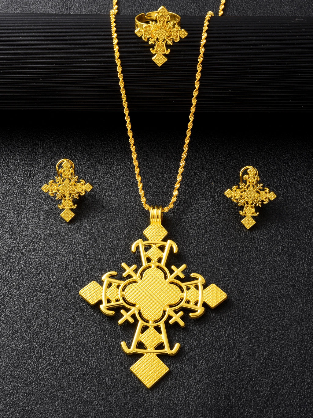 NEW Golden Color Ethiopian Cross Jewelry Set Necklace Earrings Ring 3-Piece Set African Eritrean Holiday Wedding Engagement Gift