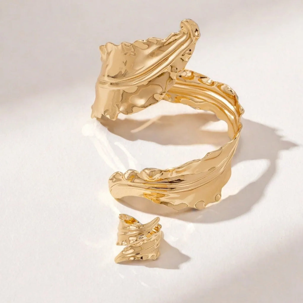 Vintage Fashion Gold Folded Leaf Bracelet Spiral Opening Adjustable Ring Set Women