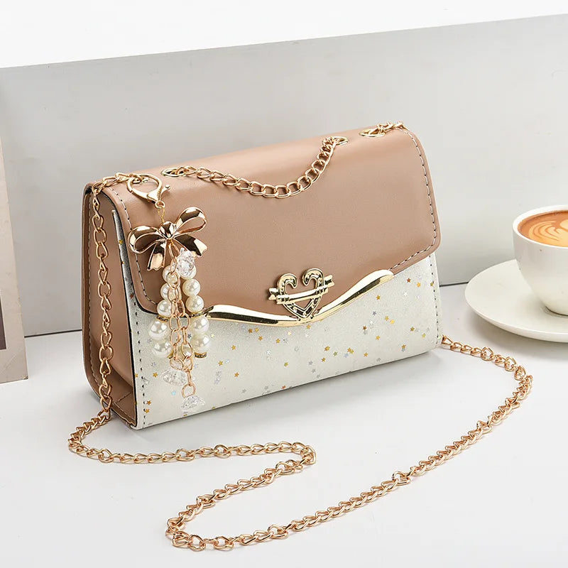 Women's Bag Korean Ins Fashion High-end Single Shoulder Bag Sequin Trend Bow Pendant with Chain Bag Сумка Женская
