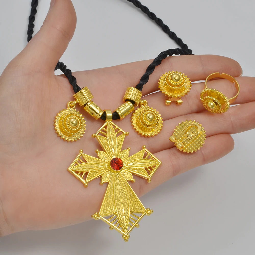 Anniyo  NEW African Cross Necklaces Earrings Ring Jewelry Sets Ethiopian Eritrean Engagement Ornament #300216