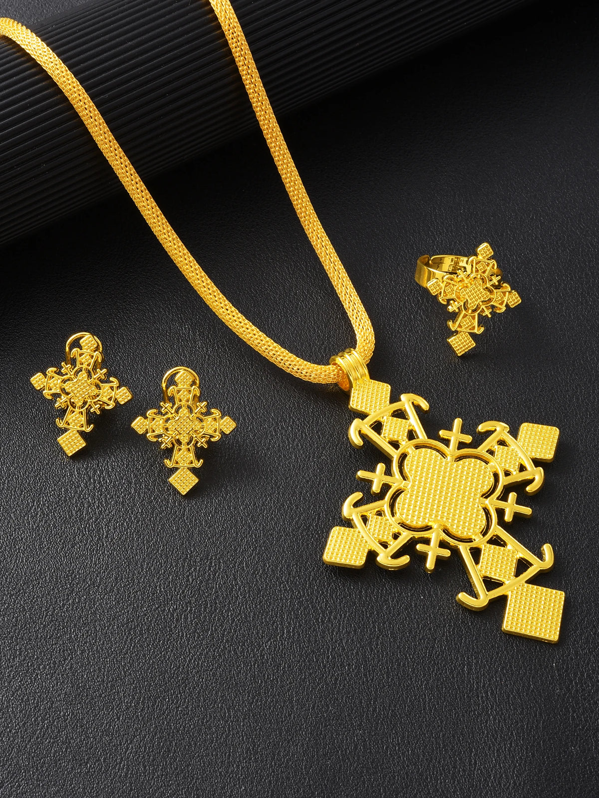 NEW Golden Color Ethiopian Cross Jewelry Set Necklace Earrings Ring 3-Piece Set African Eritrean Holiday Wedding Engagement Gift