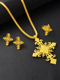 NEW Golden Color Ethiopian Cross Jewelry Set Necklace Earrings Ring 3-Piece Set African Eritrean Holiday Wedding Engagement Gift