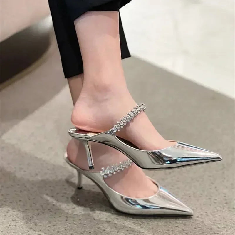 2026 New Fashionable Fine Heeled Muller Shoes with Pointed Water Diamond Chain Banquet Shallow Mouth Women's High Heel Sandals