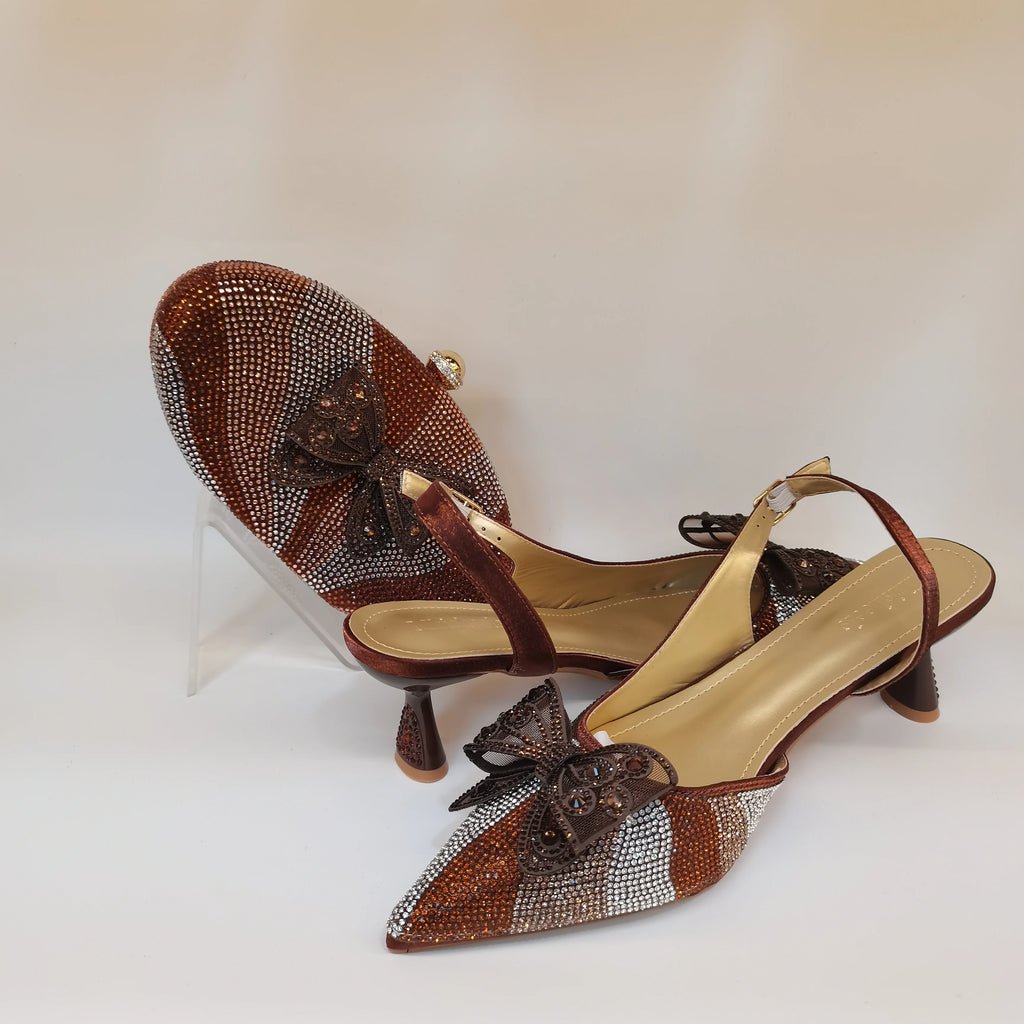 Fashion Women's Brown Color Rhinestones Point  high heeled Shoes And Clutch Diamonds Bag Set  For Wedding Party F6-106-1