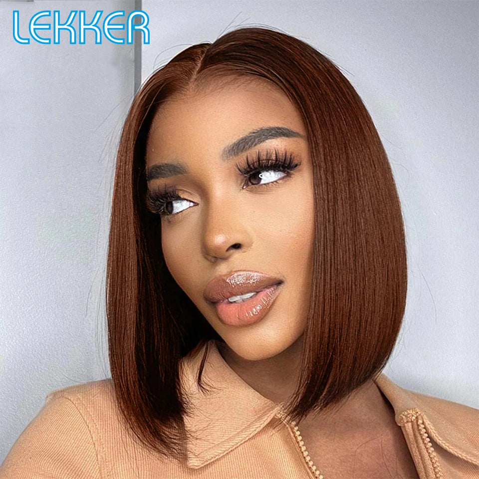 Lekker 100% Human Hair Wig Highlight Brown Long Pixie Straight Bob Middle Part Lace Front For Women Brazilian Remy Hair Glueless