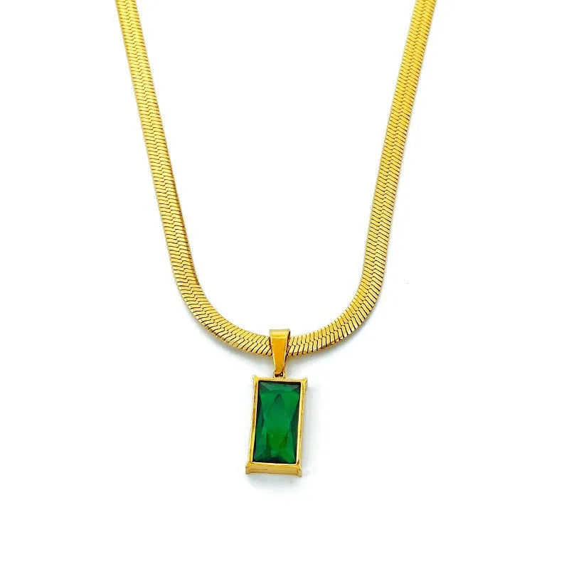Stainless Steel Square Green Crystal Zircon Necklace Earrings For Women Girl New Fashion Non-fading Jewelry Set