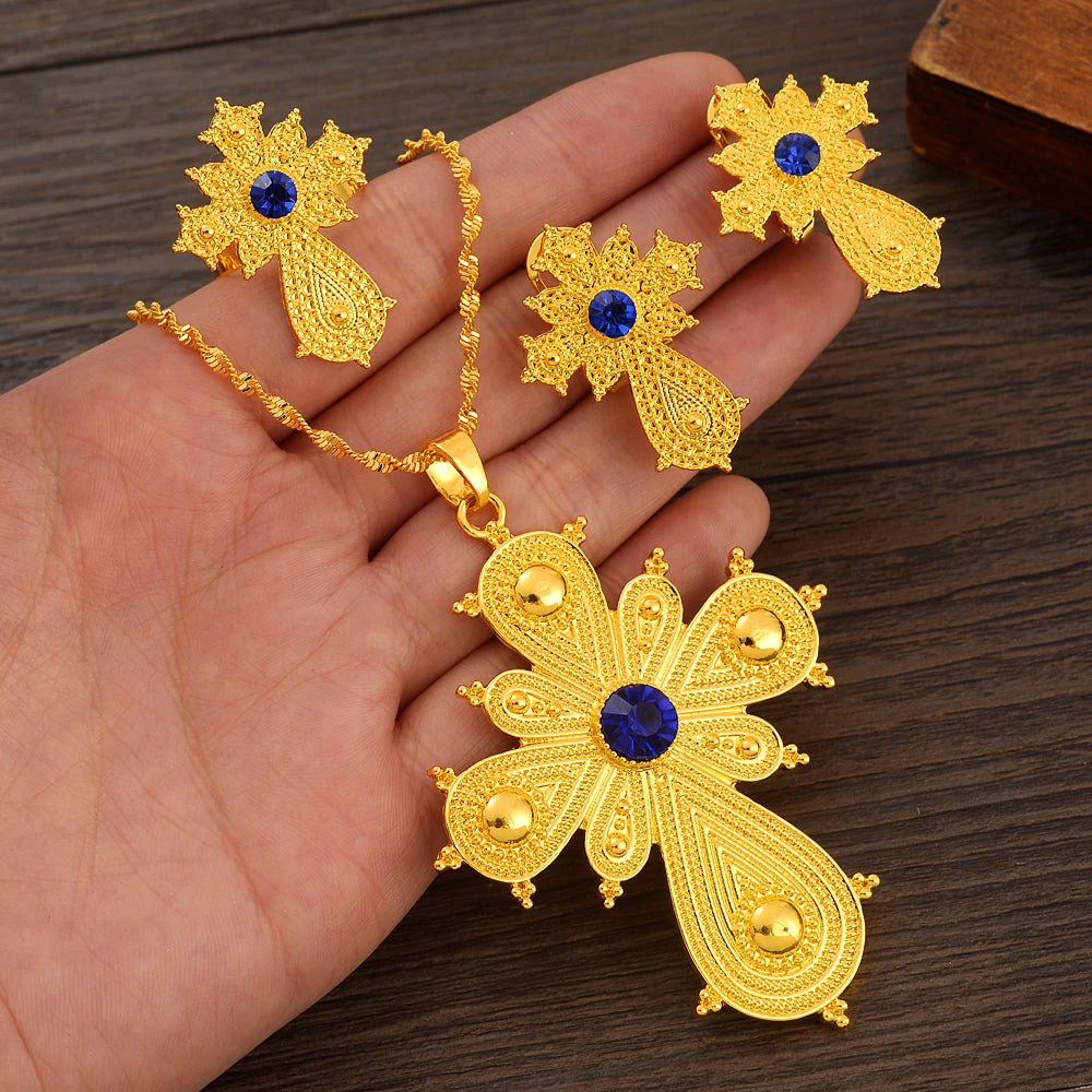 Ethiopian Gold Color Cross Necklace Earring Ring African Bridal Jewellery Set Habesha Party Jewelry