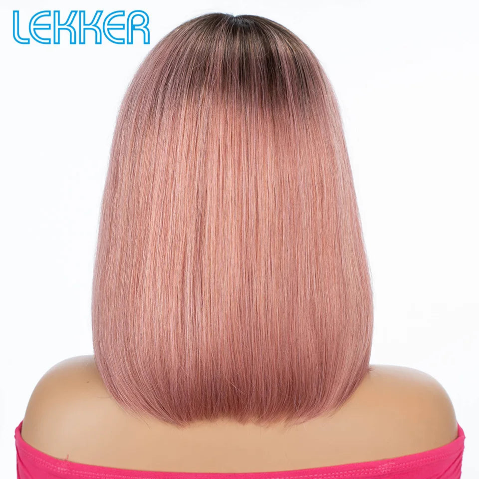 Lekker 100% Human Hair Wig Highlight Brown Long Pixie Straight Bob Middle Part Lace Front For Women Brazilian Remy Hair Glueless