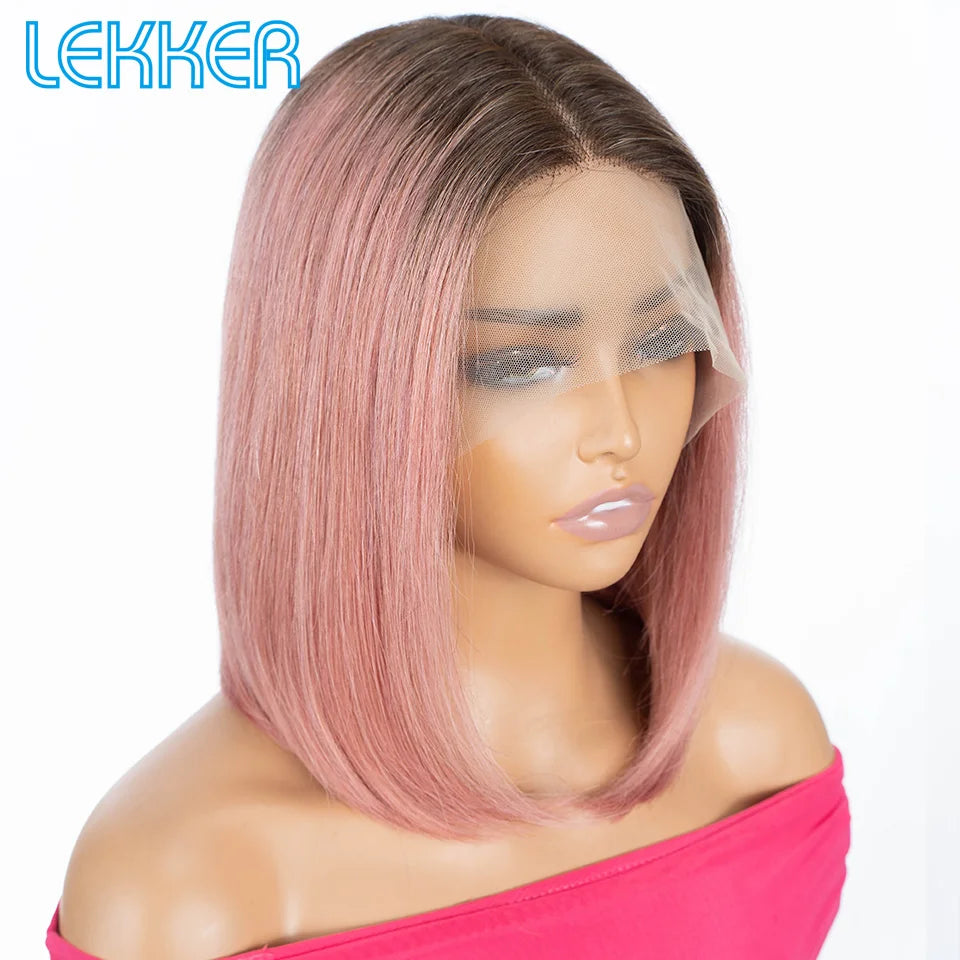 Lekker 100% Human Hair Wig Highlight Brown Long Pixie Straight Bob Middle Part Lace Front For Women Brazilian Remy Hair Glueless