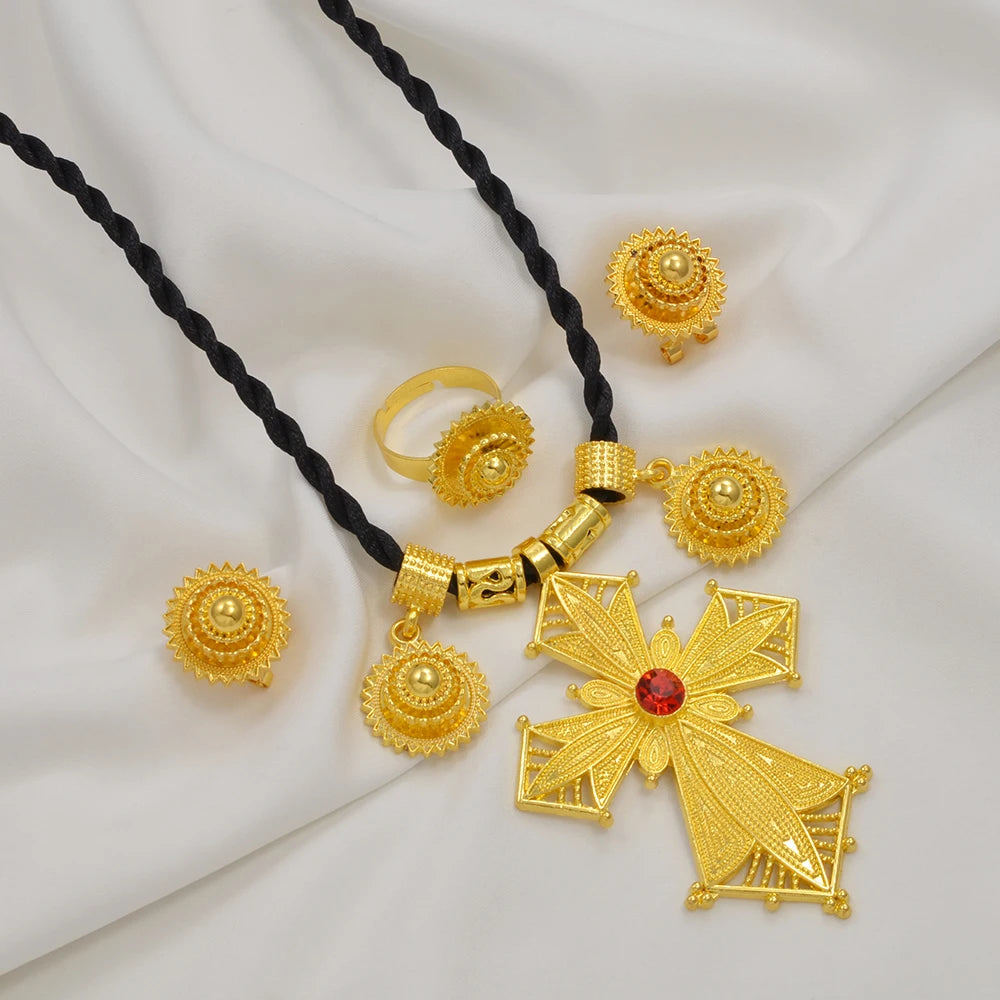 Anniyo  NEW African Cross Necklaces Earrings Ring Jewelry Sets Ethiopian Eritrean Engagement Ornament #300216