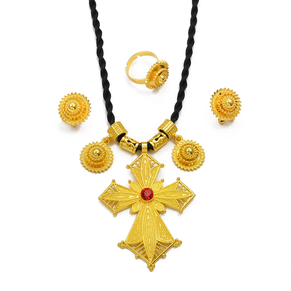 Anniyo  NEW African Cross Necklaces Earrings Ring Jewelry Sets Ethiopian Eritrean Engagement Ornament #300216