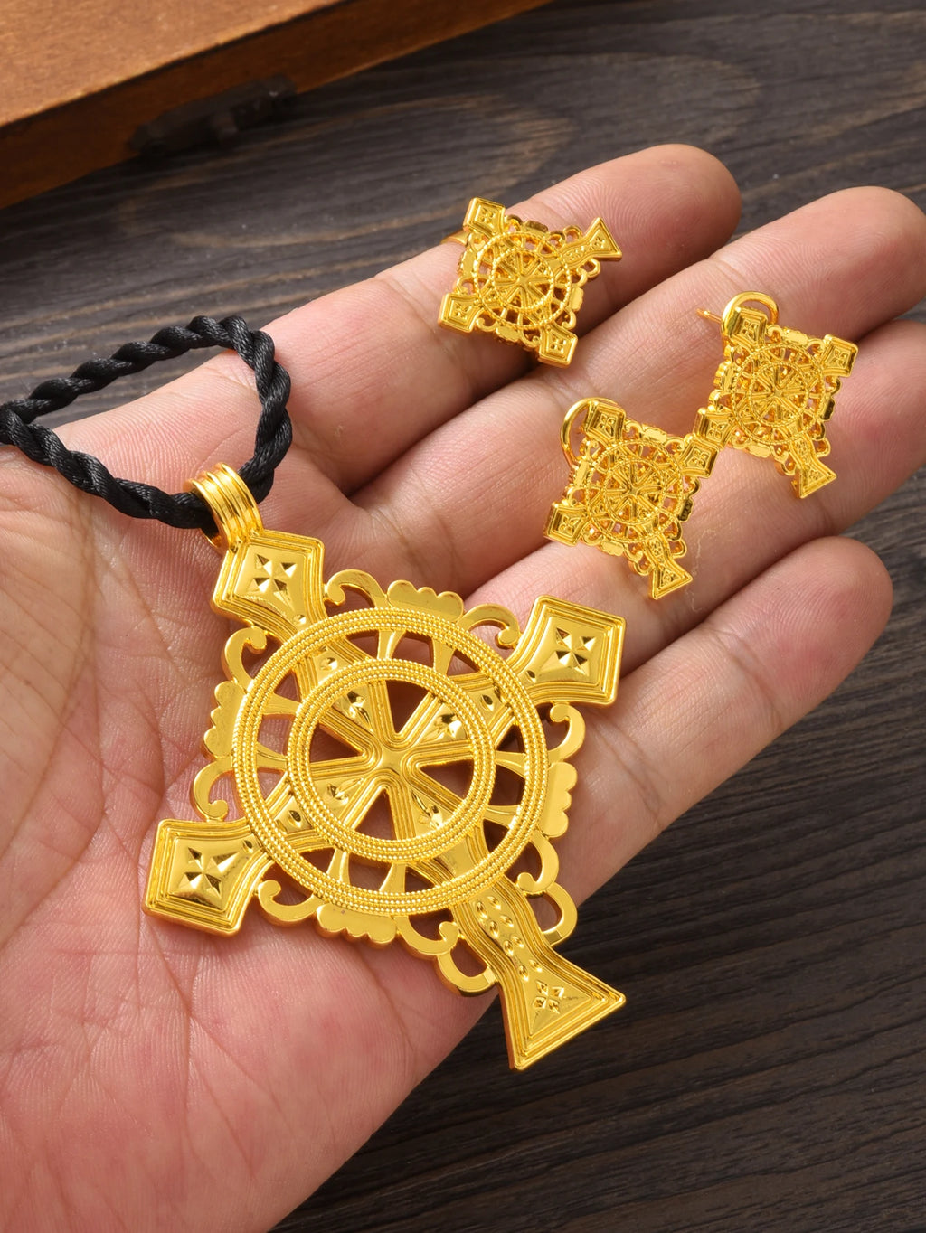 NEW Golden Color Ethiopian Cross Jewelry Set Necklace Earrings Ring 3-Piece Set African Eritrean Holiday Wedding Engagement Gift