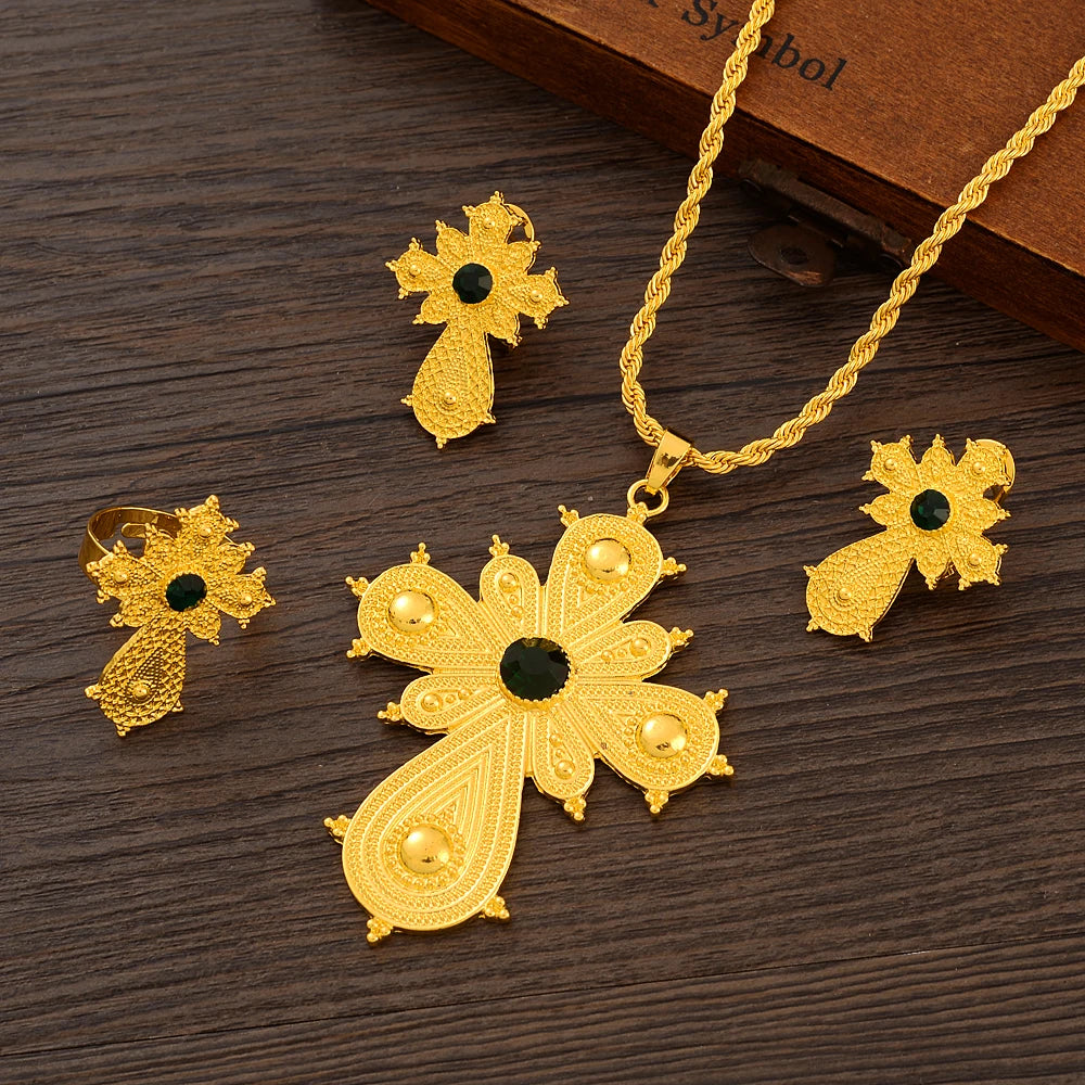 Ethiopian Gold Color Cross Necklace Earring Ring African Bridal Jewellery Set Habesha Party Jewelry
