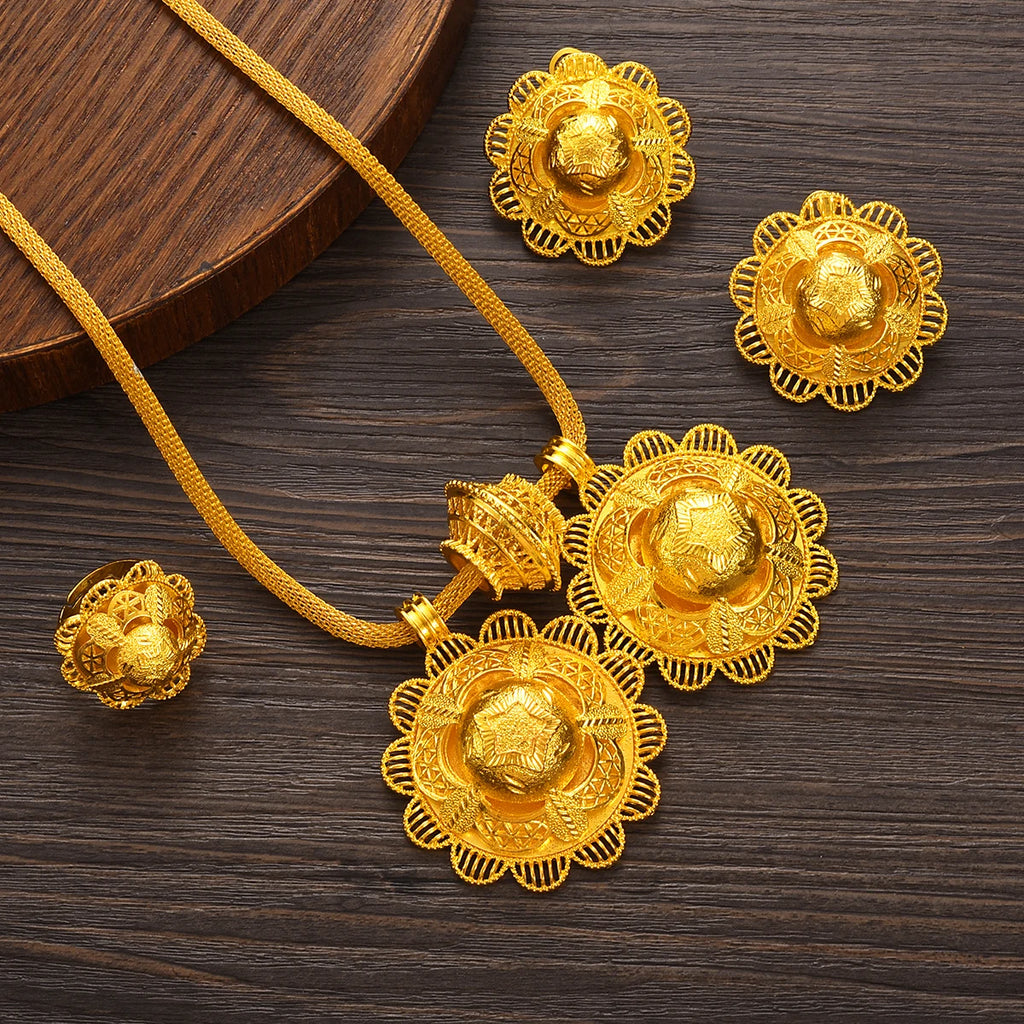 Traditional Eritrean Golden Color Jewelry Set Hollow-out Flower Star Double Pendant 3-Piece Set Ethiopian Wedding Jewelry Gift