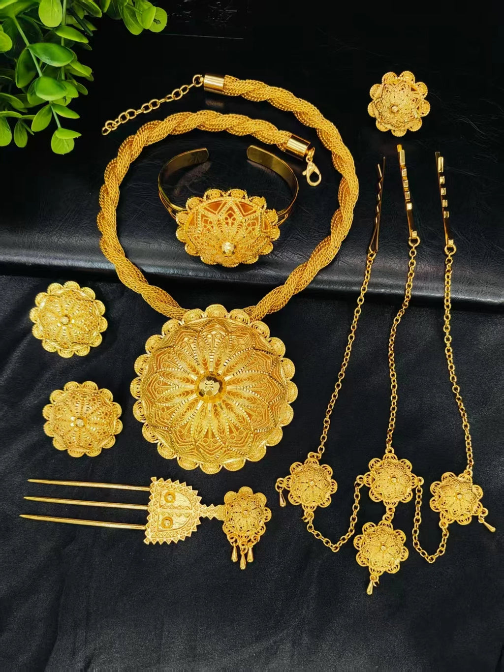Africa India 24k Plated Gold Ethiopia Big Pendant Necklace 6PCS Jewelry Set For Woman's Wedding Engagement