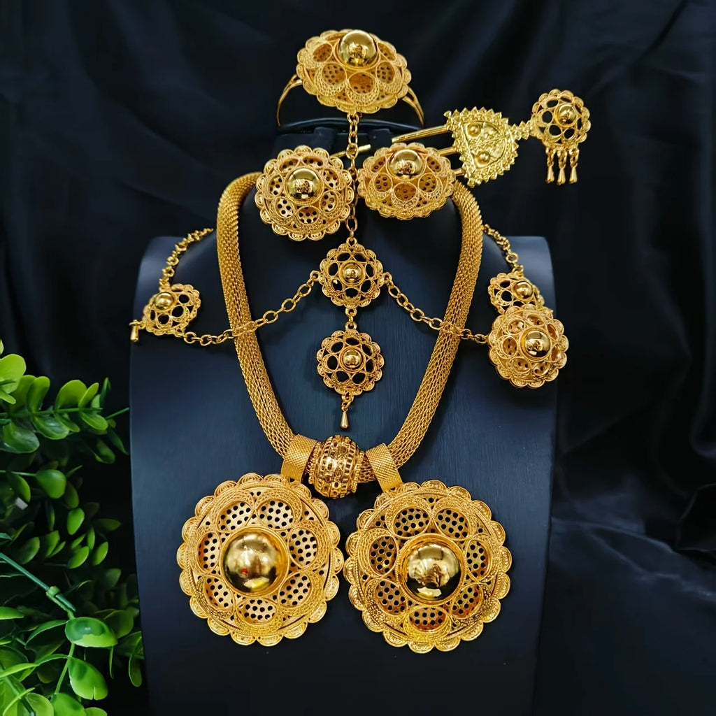 Africa India 24k Plated Gold Ethiopia Big Pendant Necklace 6PCS Jewelry Set For Woman's Wedding Engagement