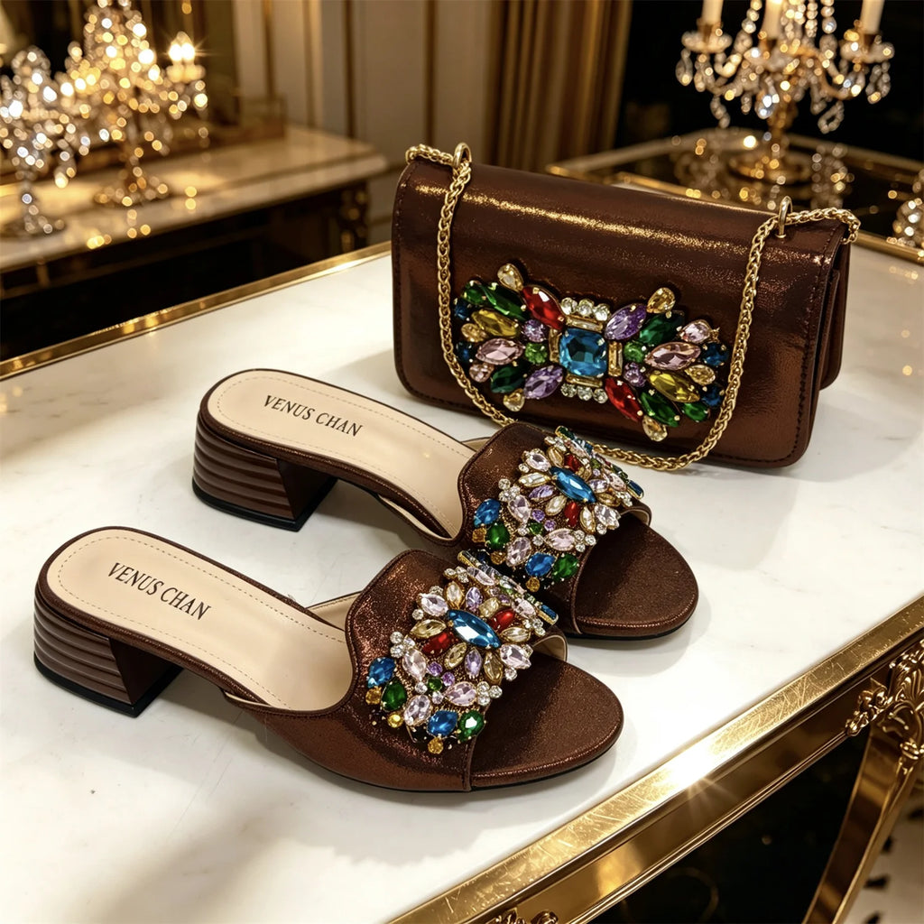 Venus Chan 2026 Luxury Italian Dark Black Rhinestone Peep Toe High Heels & Matching Bag for Women - Elegant Sandals