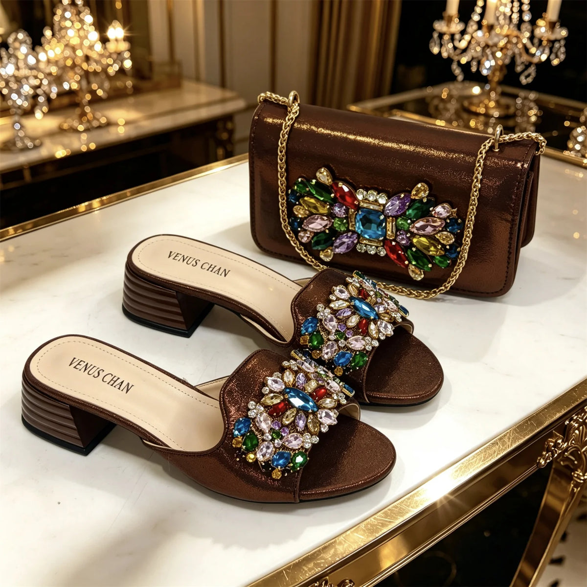 Venus Chan 2026 Luxury Italian Dark Black Rhinestone Peep Toe High Heels & Matching Bag for Women - Elegant Sandals