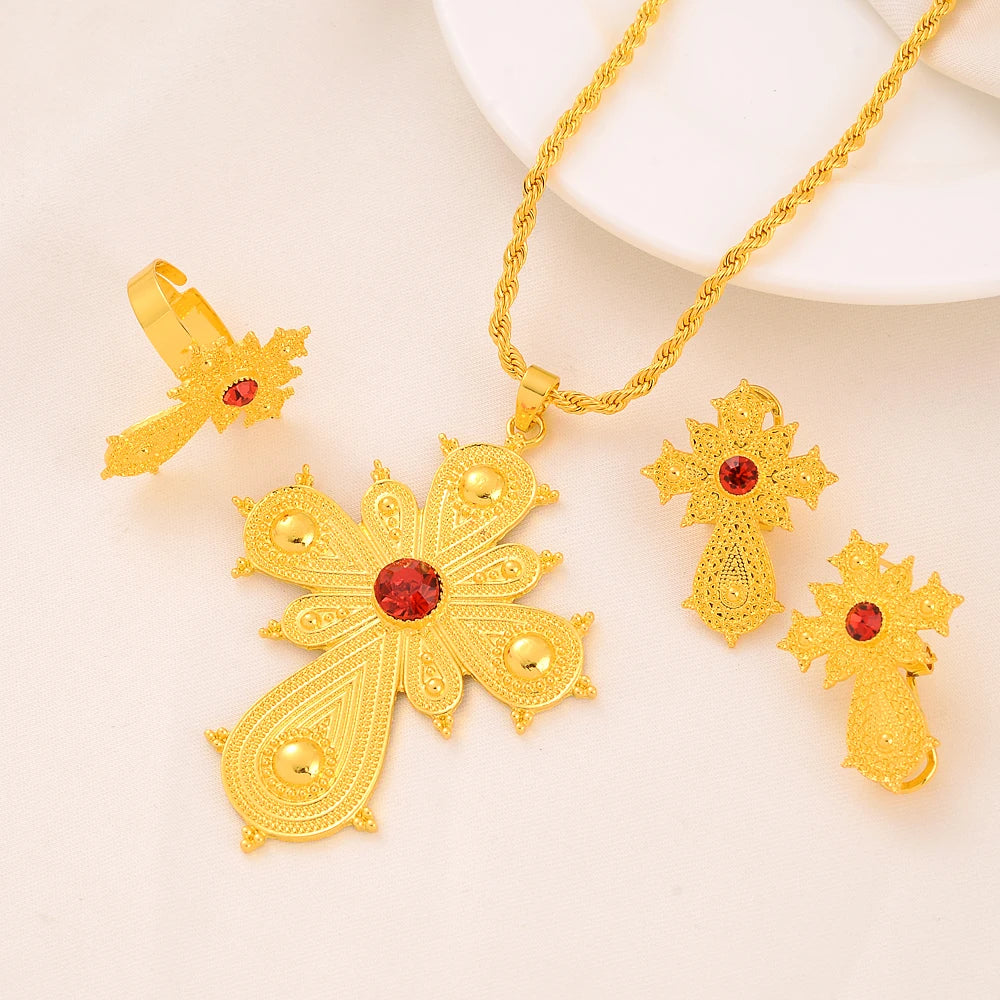 Ethiopian Gold Color Cross Necklace Earring Ring African Bridal Jewellery Set Habesha Party Jewelry