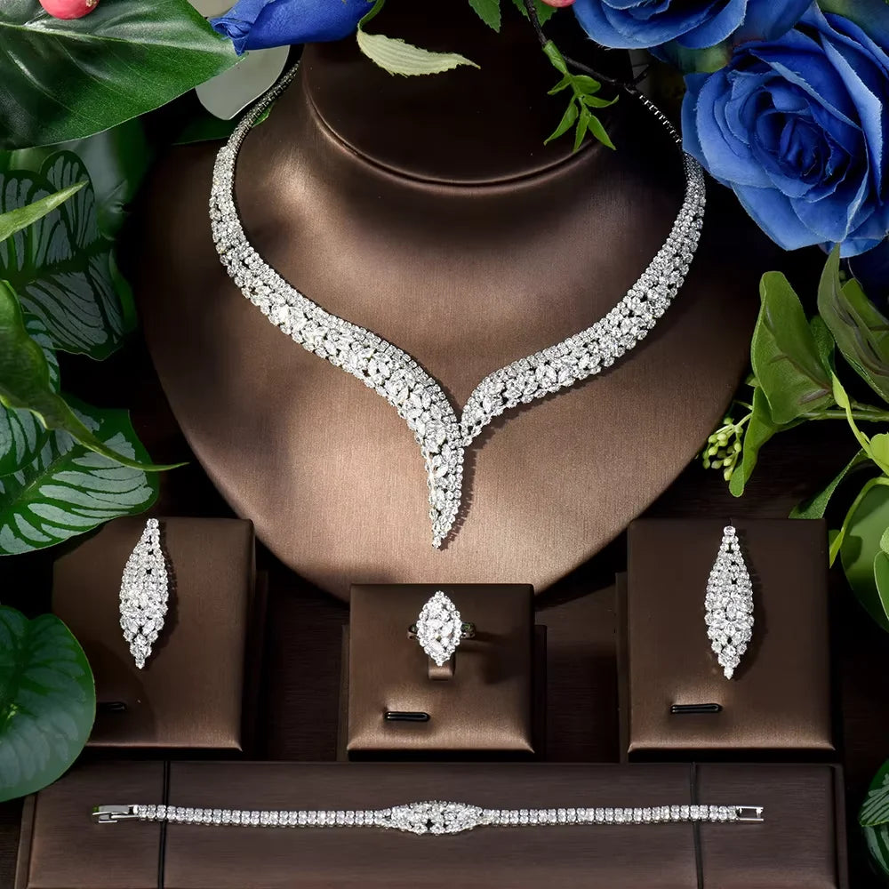 Costume Show Jewellery Geometric Set Cubic Zirconia Deluxe Large Necklace and Earrings Bridal Wedding Dating Accessories S-350