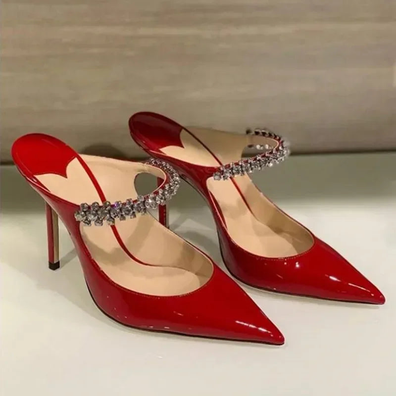 2026 New Fashionable Fine Heeled Muller Shoes with Pointed Water Diamond Chain Banquet Shallow Mouth Women's High Heel Sandals