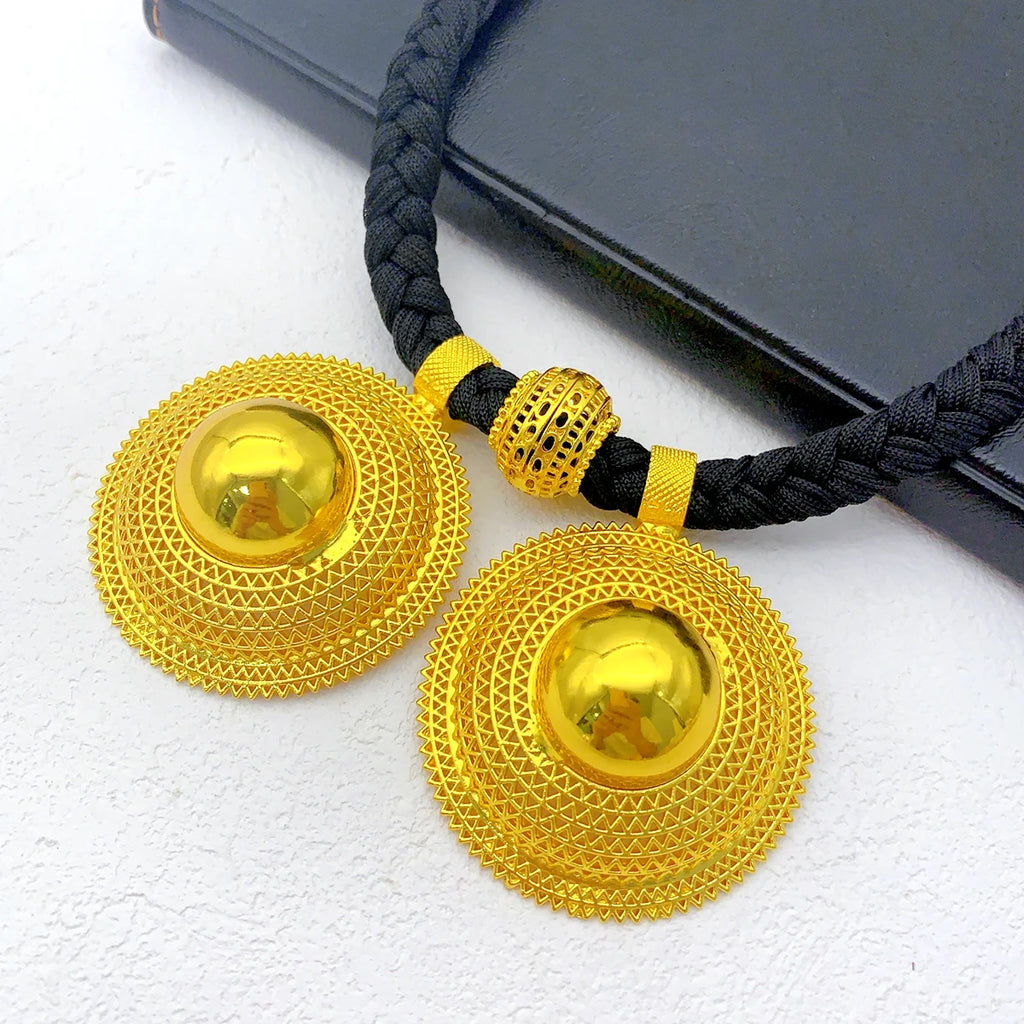 Dubai Indian African Black Rope Necklace Earrings Jewelry Set For Women 24K Gold Plated Nigeria Bridal Wedding Party Jewellery
