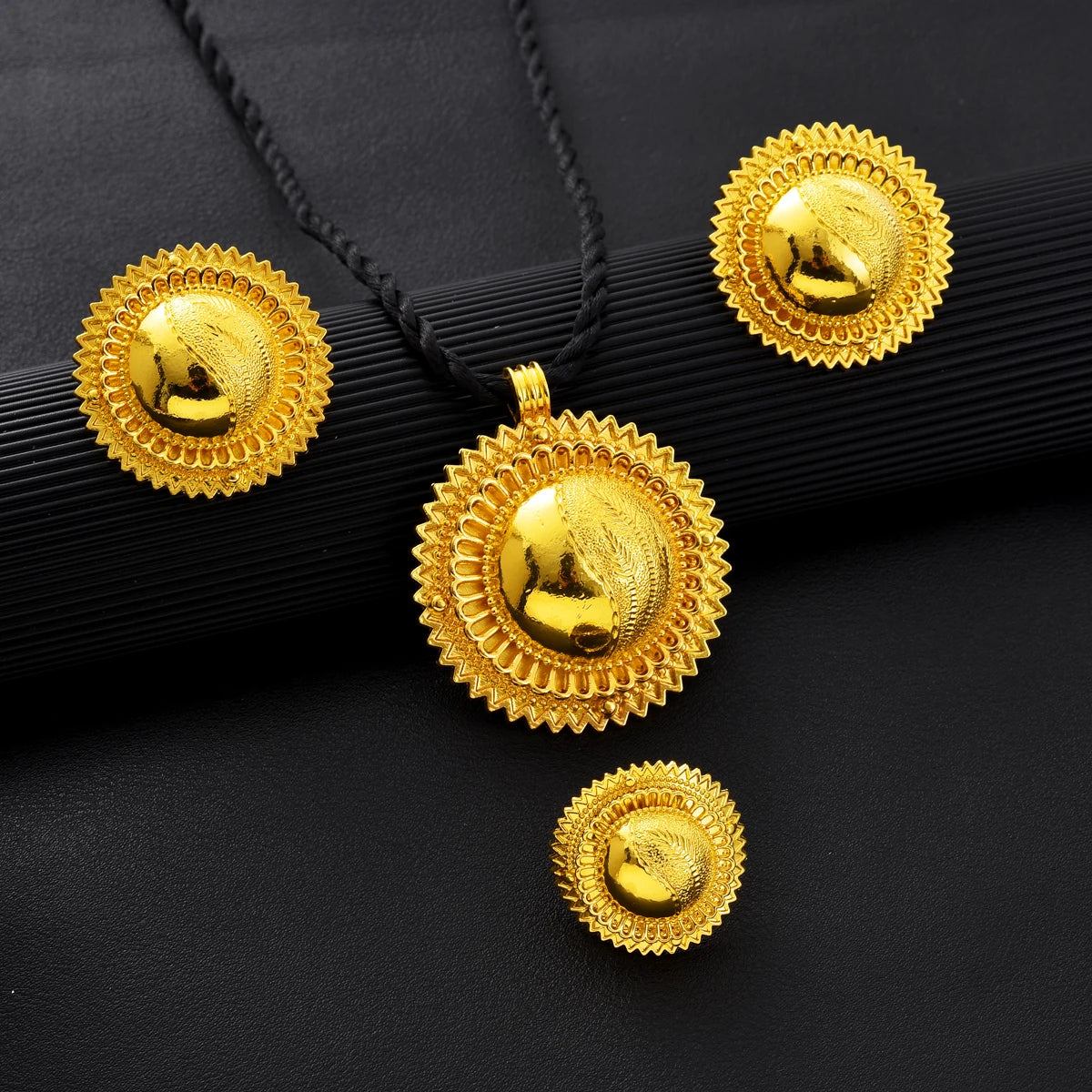 Eritrean Ethnic Style Jewelry Set Gold Color Necklace Pendant Ring Earring  Ethiopian Bride Traditional Wedding Jewelry Gift