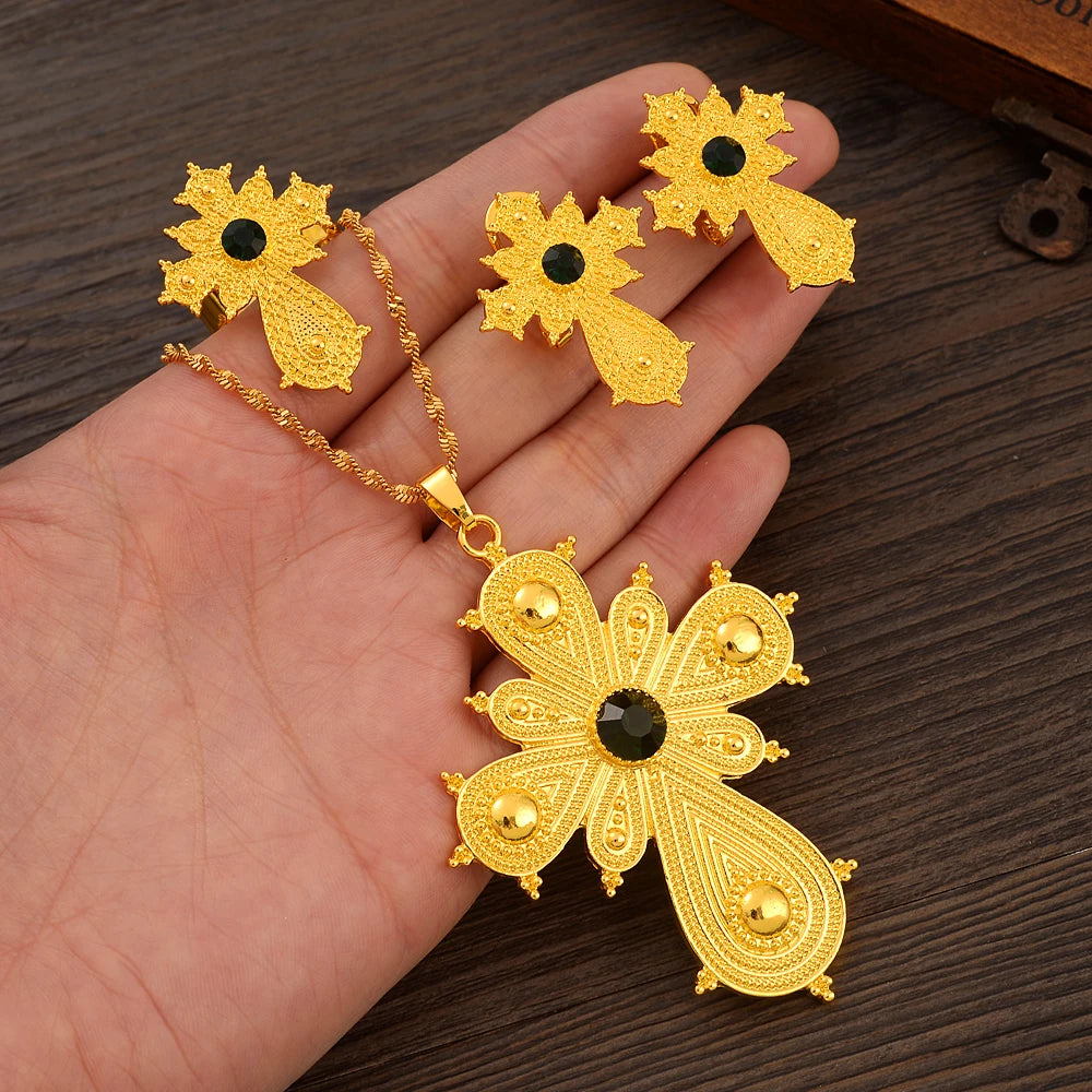 Ethiopian Gold Color Cross Necklace Earring Ring African Bridal Jewellery Set Habesha Party Jewelry