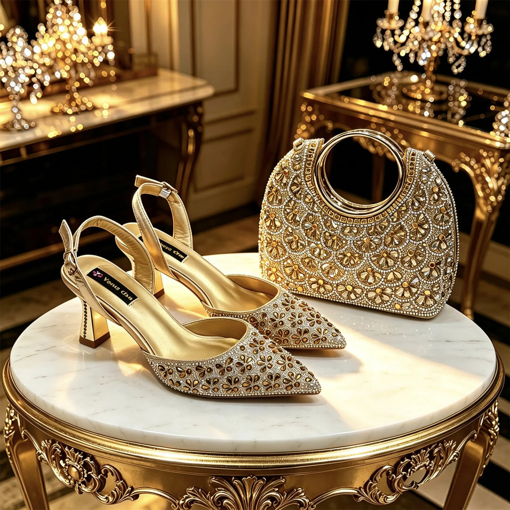 2026 INS Italian Design Elegant Green Rhinestone Pointed Toe High Heels & Handbag Set - Ideal for Weddings and Special Occasions