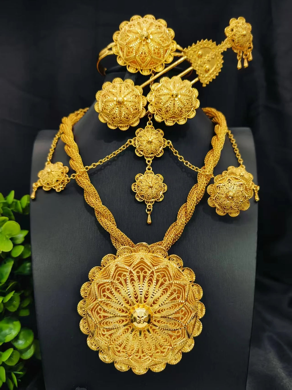 Africa India 24k Plated Gold Ethiopia Big Pendant Necklace 6PCS Jewelry Set For Woman's Wedding Engagement