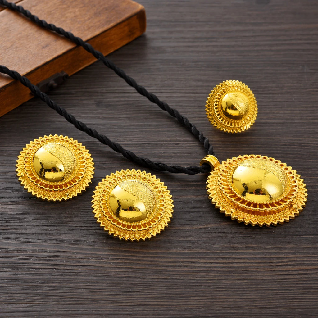 Eritrean Ethnic Style Jewelry Set Gold Color Necklace Pendant Ring Earring  Ethiopian Bride Traditional Wedding Jewelry Gift