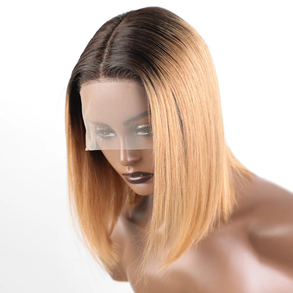 Lekker 100% Human Hair Wig Highlight Brown Long Pixie Straight Bob Middle Part Lace Front For Women Brazilian Remy Hair Glueless